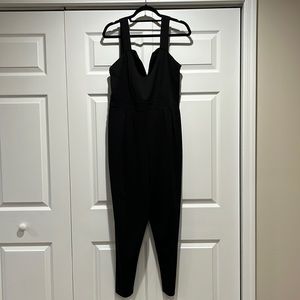 Black deep V cut pants romper with zipper in back